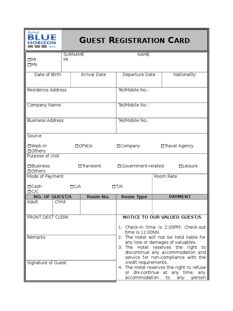 Guest Registration Card PDF