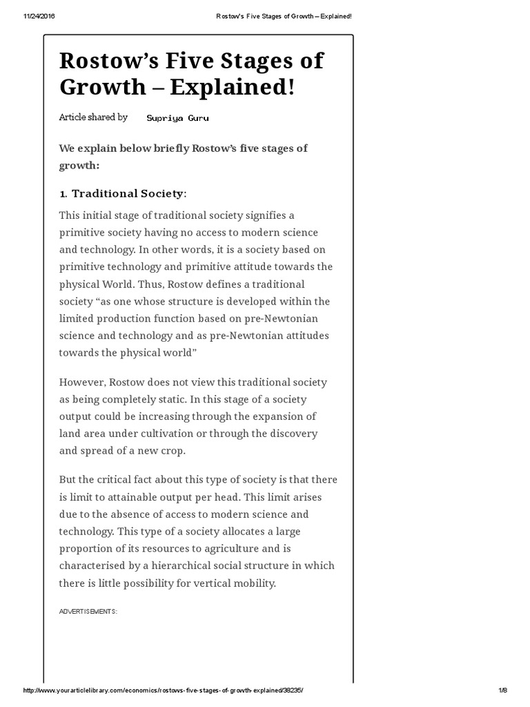 Rostow's Five Stages of Growth - Explained! | Economic Growth | Society