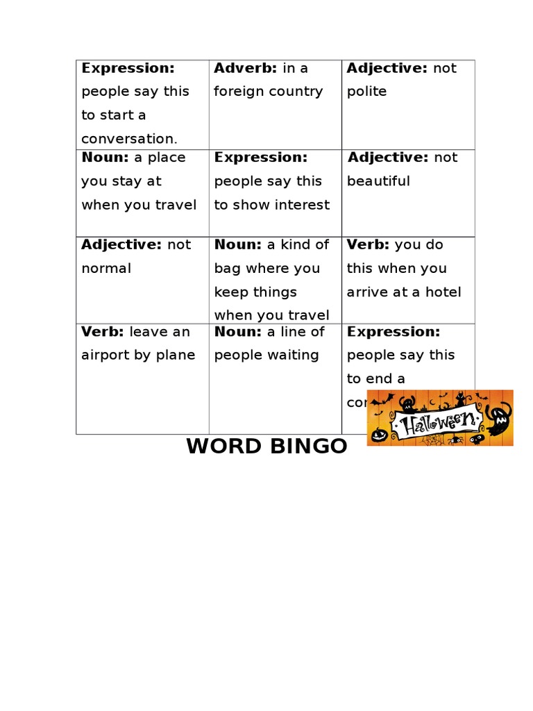 Word Bingo Expression Adverb in A Adjective Not PDF
