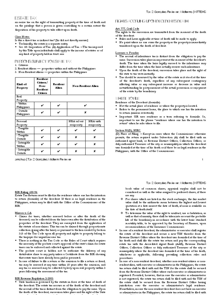 Estate Tax Overview for Midterms Review | PDF | Estate Tax In The ...