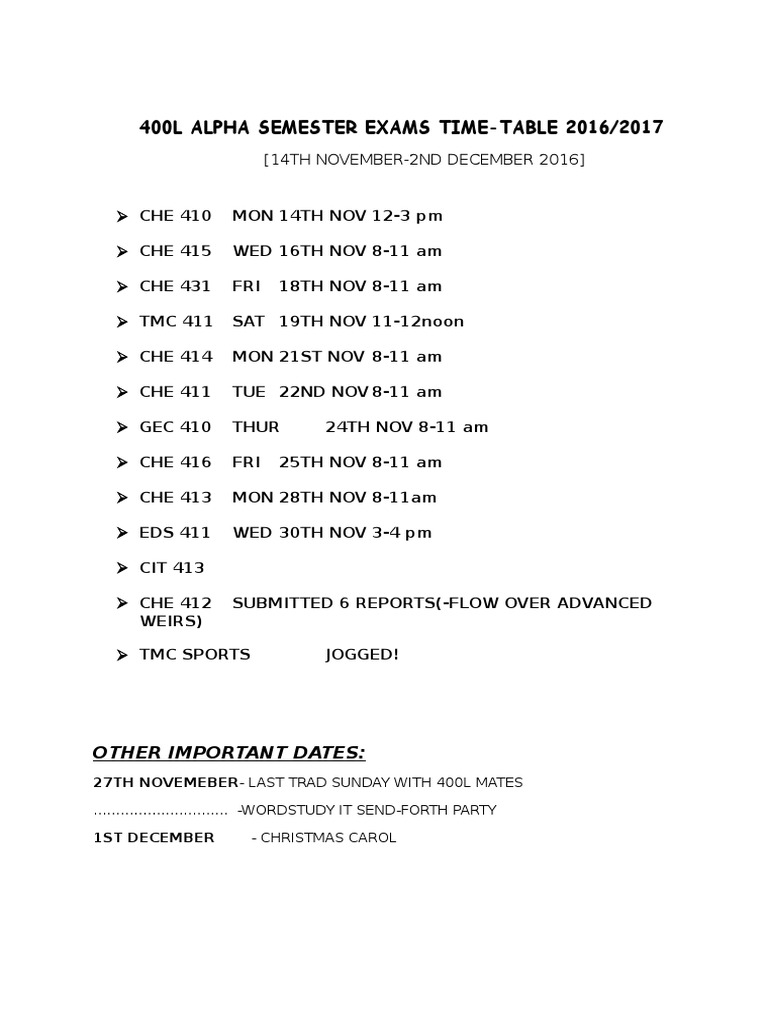 400l Alpha Semester Exams Timetable | PDF