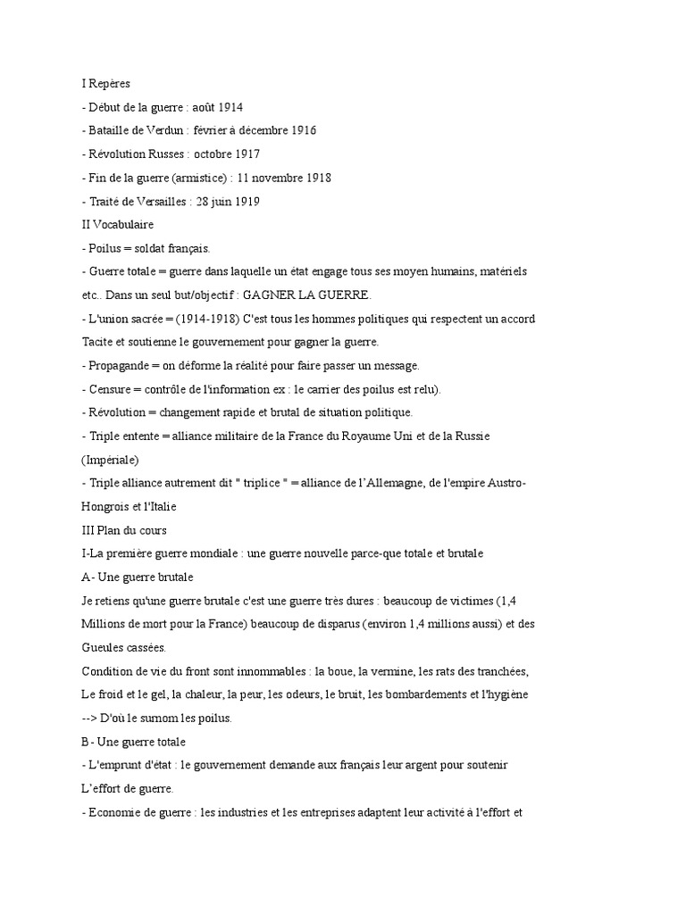 Fiche De Revision 1ere Guerre Mondiale