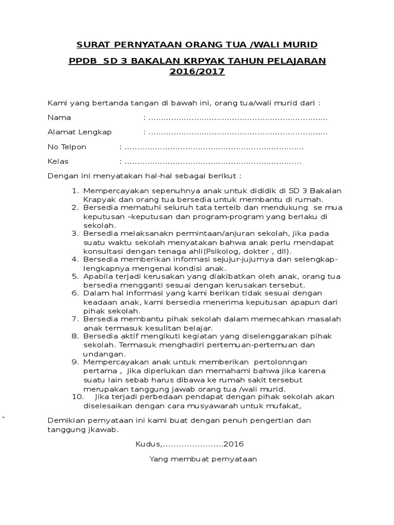 Surat Pernyataan Orang Tua Ppdb