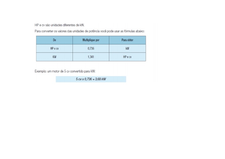 Conversão Hp Ou Cv Em Kw e Vice Versa PDF