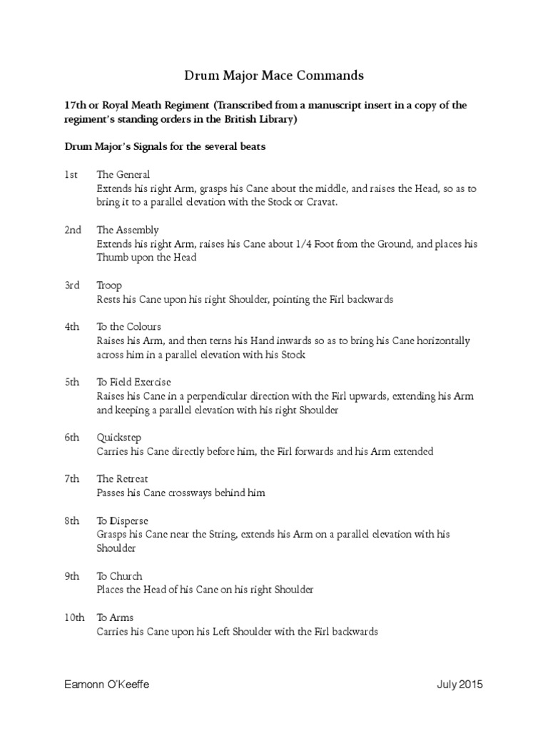 Instructions for Drum Majors Signals and Commands of the 17th Royal