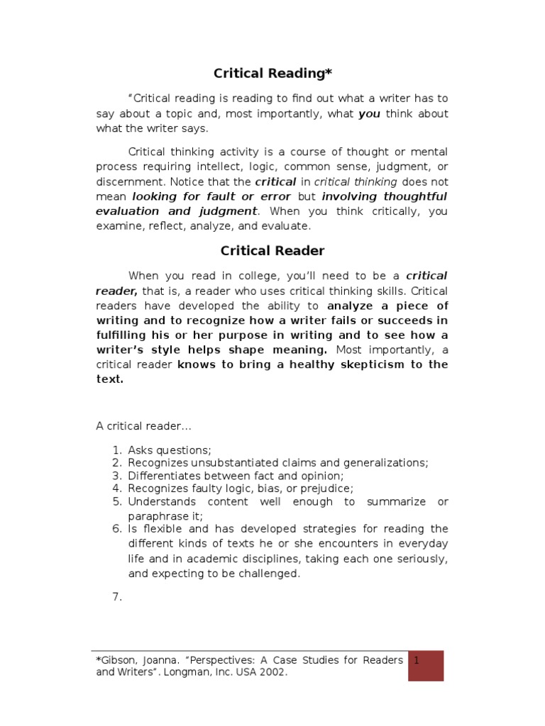 Critical Reading  Critical Thinking  Reading (Process)