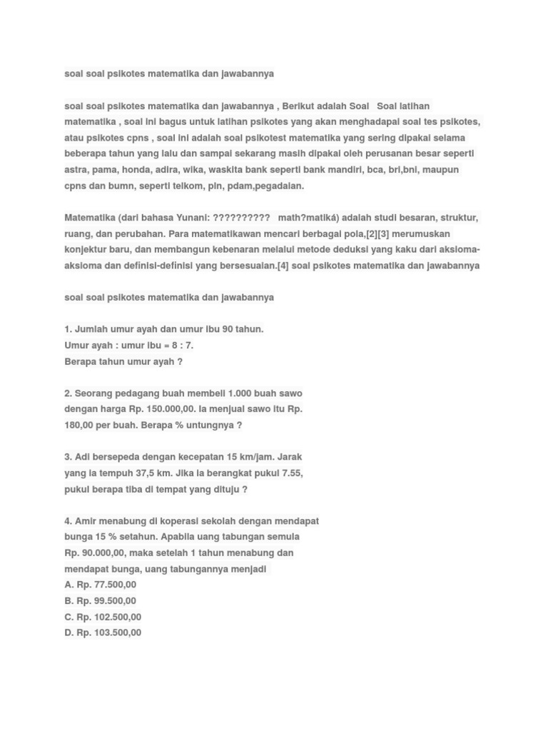 Soal Soal Psikotes Matematika Dan Jawabannya