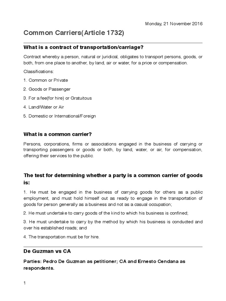 Common Carriers (Article 1732) What Is A Contract of Transportation