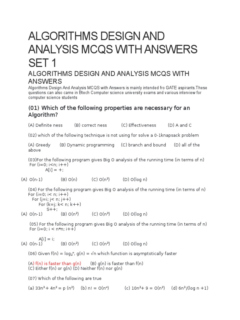 Algorithms Design and Analysis Mcqs With Answers Set 1 | PDF ...
