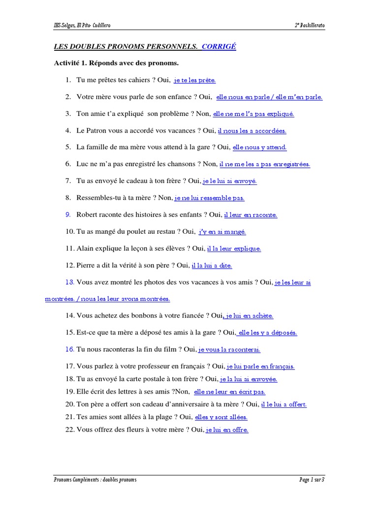 Les Pronoms Exercices Corrigés Pdf Doubles Pronoms Complements Corrige | PDF | Pronom | Échecs