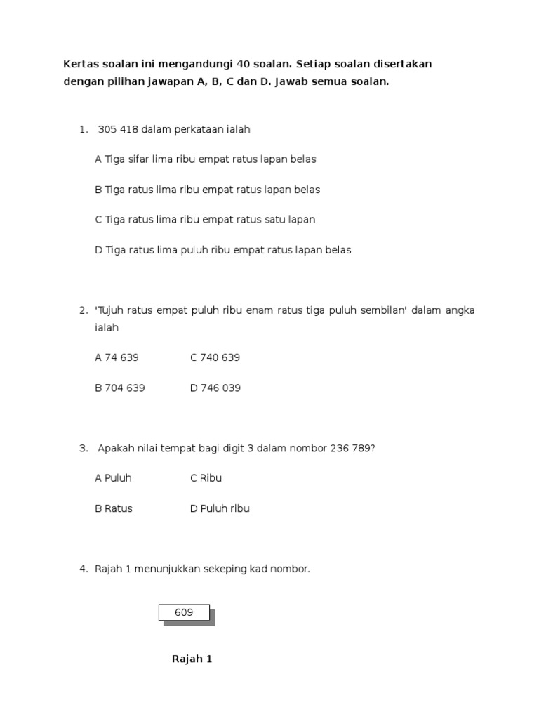Kertas Soalan Matematik 40 Soalan | PDF