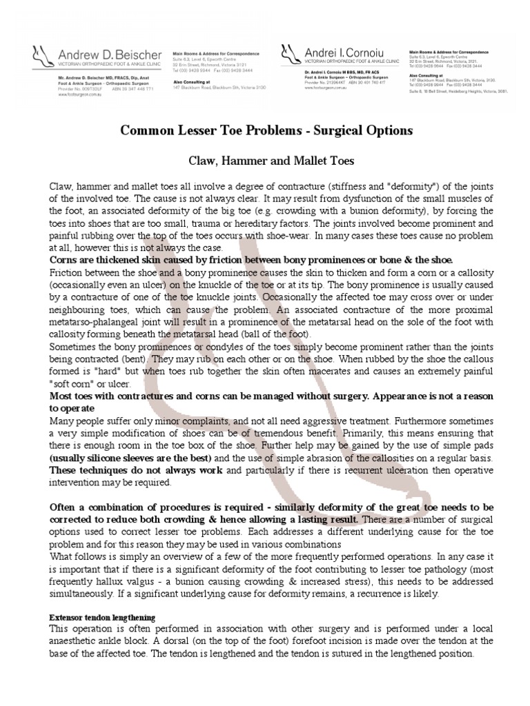 Common Lesser Toe Problems Surgical Options Claw, Hammer and Mallet