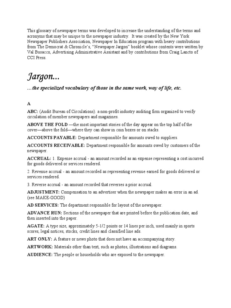 Newspaper Jargon Newspapers Publishing