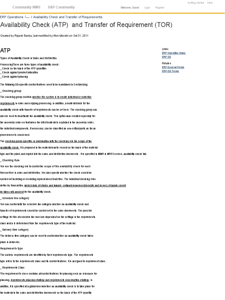 Availability Check (ATP) and Transfer of Requirement (TOR) ERP