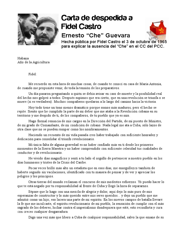 Carta de Despedida a Fidel Castro Che Che Guevara Fidel Castro