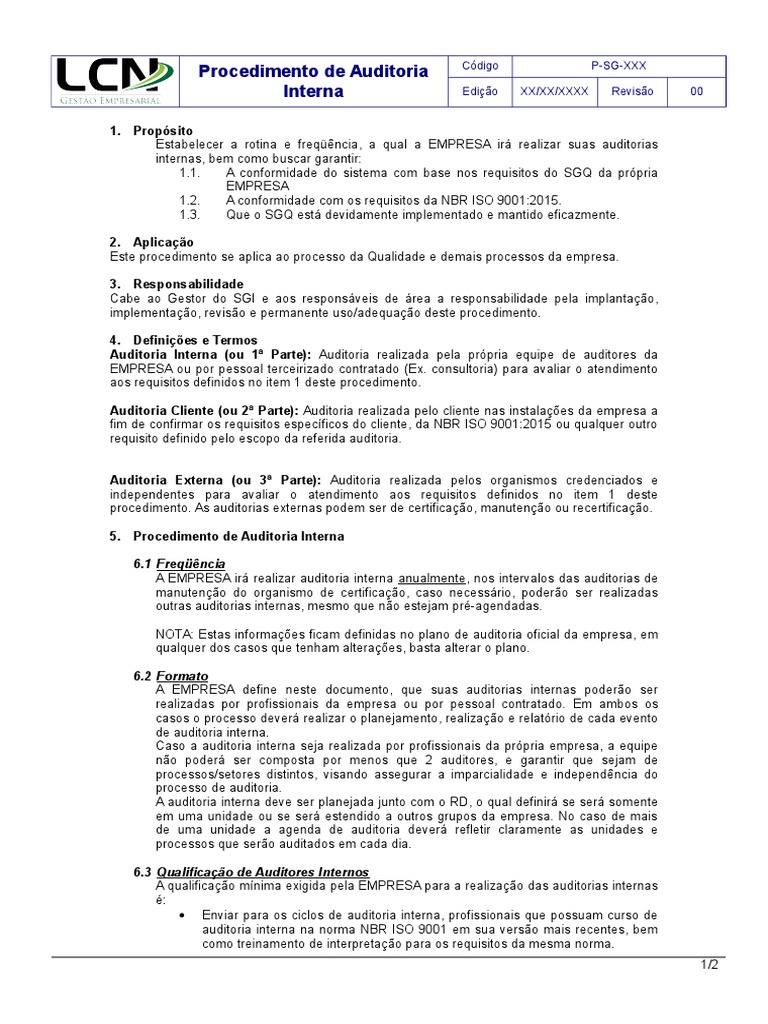 Procedimento de Auditoria Interna ISO 9001 | PDF | Negócios