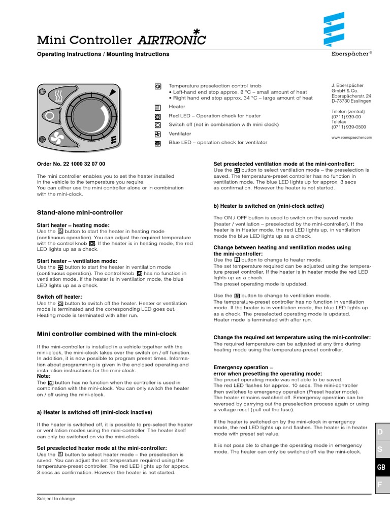 NITE Heaters Espar Operation Manual Airtronic Mini Controller