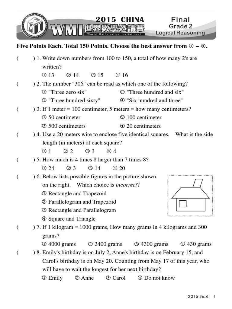 Grade 2 WMI Math Exam Questions | PDF | Rectangle | Euclidean Plane ...