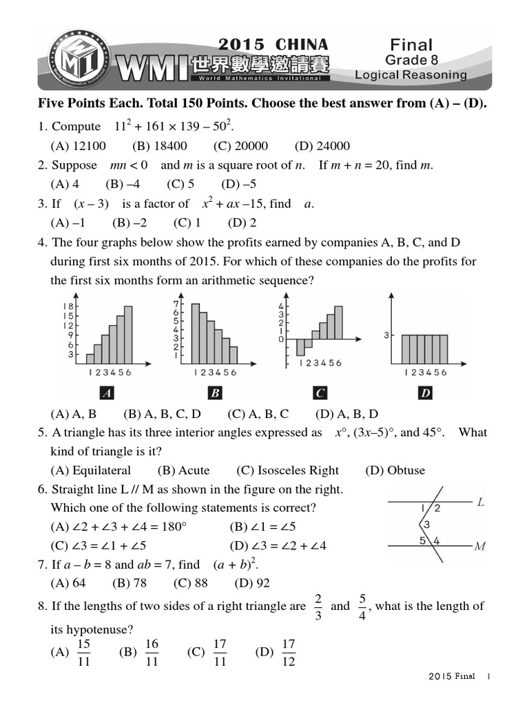Grade 8 WMI Math Competition 2015 | PDF | Euclid | Triangle