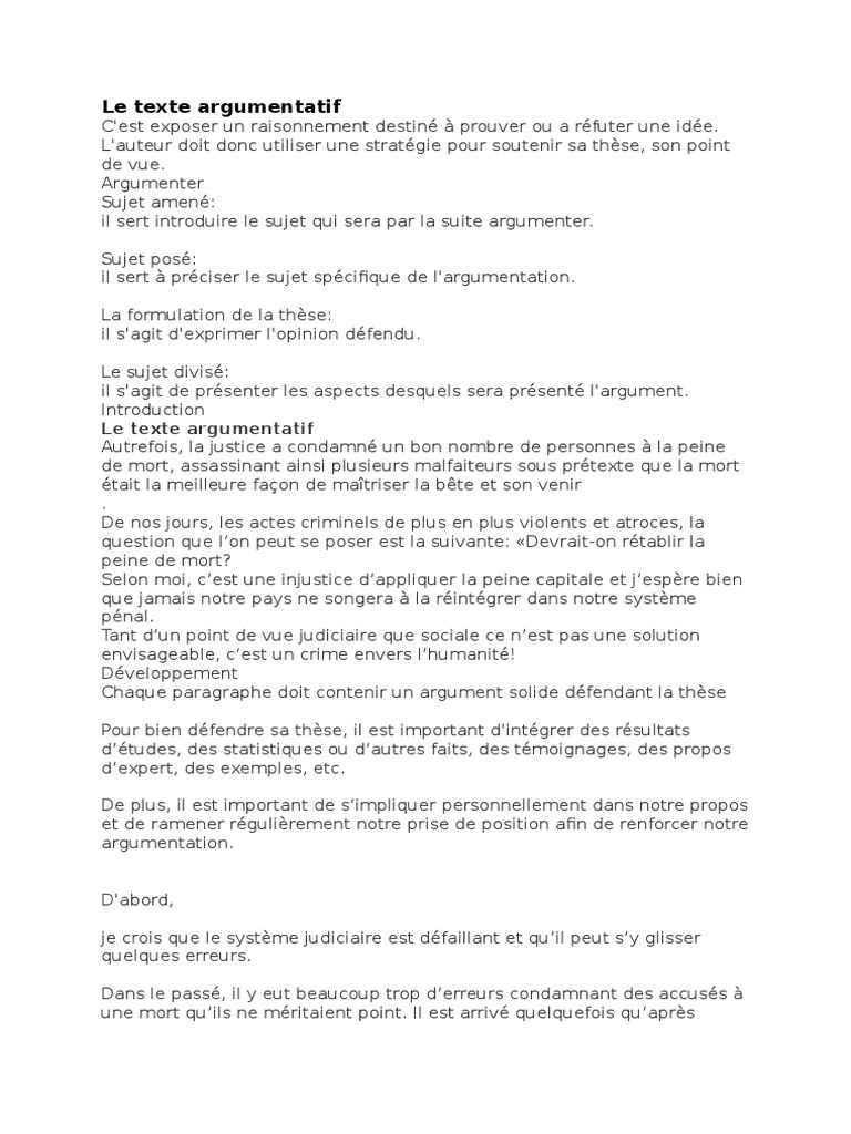 Le Texte Argumentatif Pdf Peine Capitale Justice