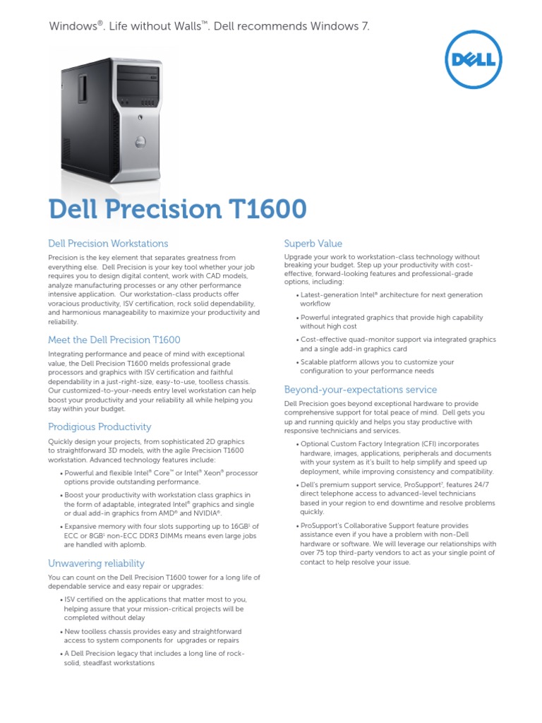 Precision t1600 Spec Sheet | PDF | 64 Bit Computing | Dell