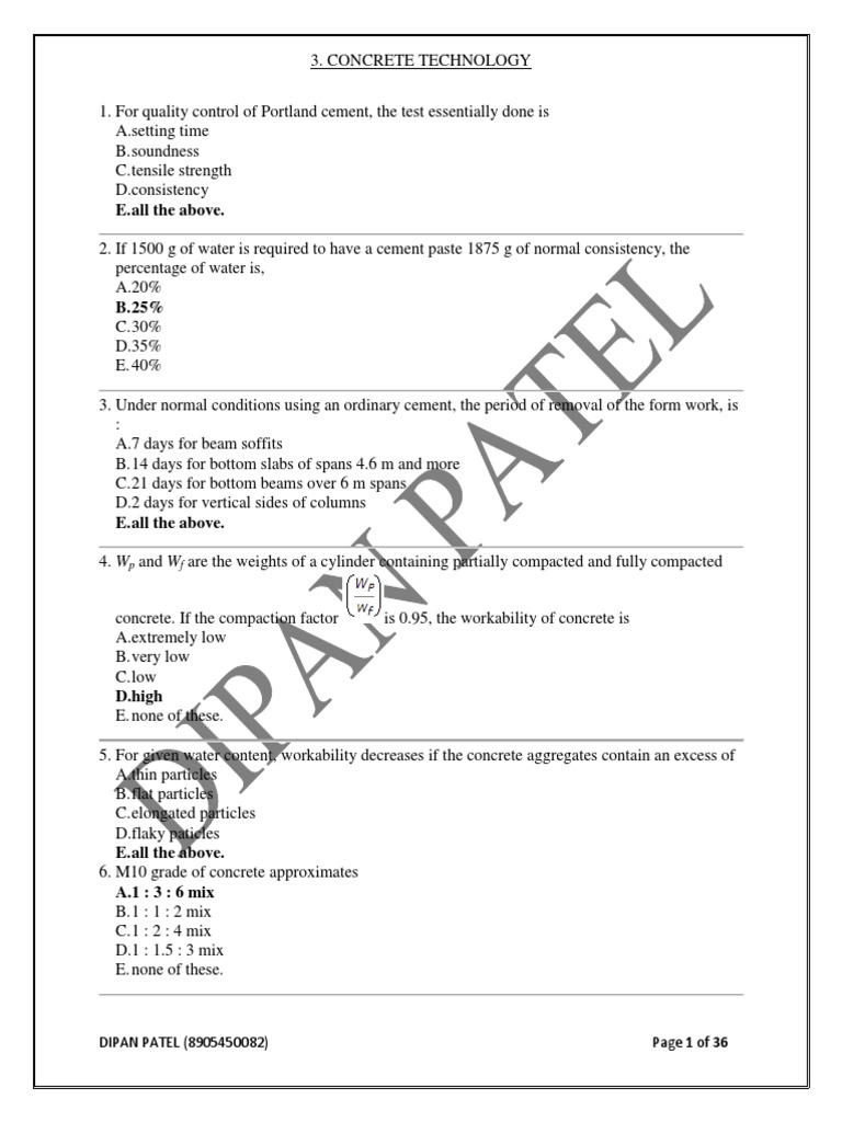 Concrete Technology (MCQ) PDF Construction Aggregate Concrete