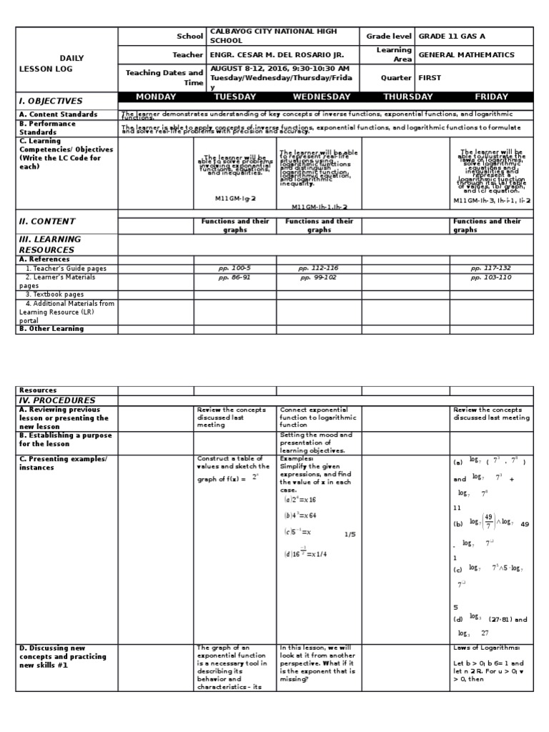 Grade 11 General Mathematics Lesson Plan | PDF | Logarithm | Exponentiation