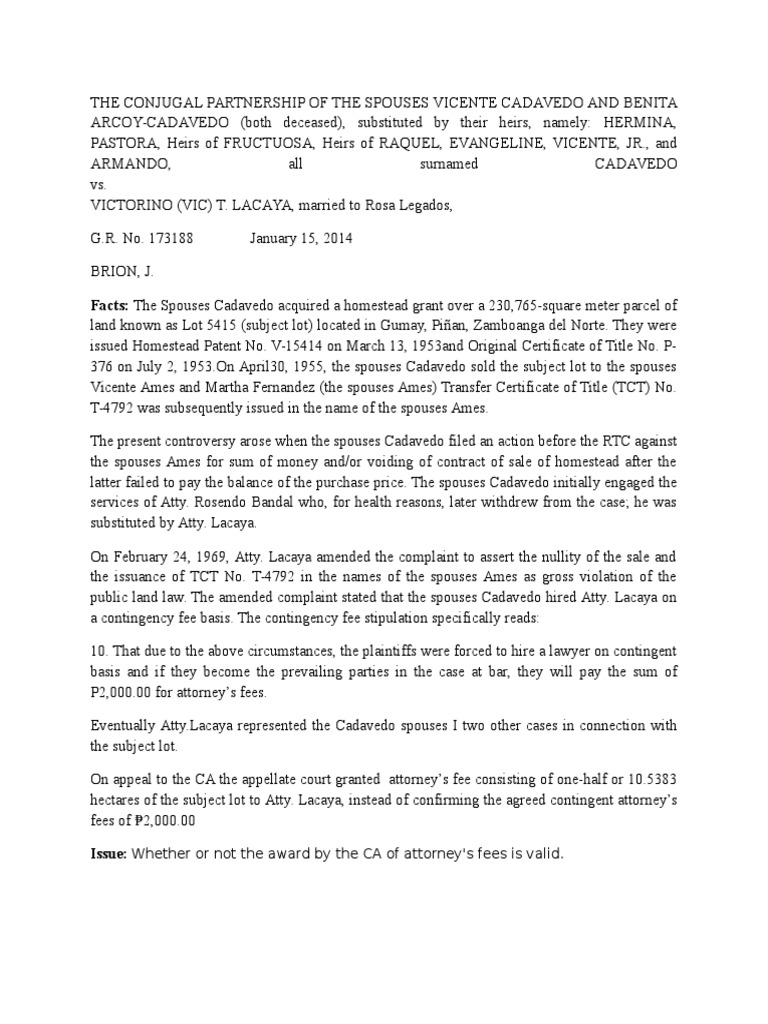 Cadavedo Vs Lacaya GR NO 173188 PDF Attorney's Fee Lawsuit