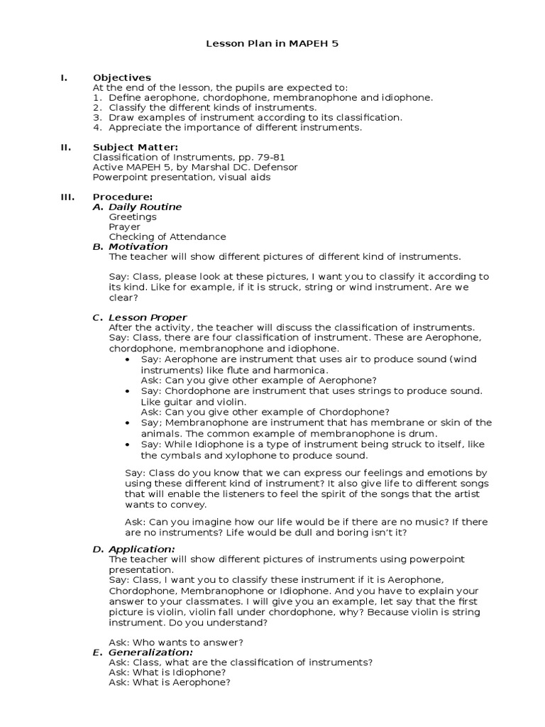 MAPEH 5 Instrument Classification Lesson Plan | PDF | Musical ...