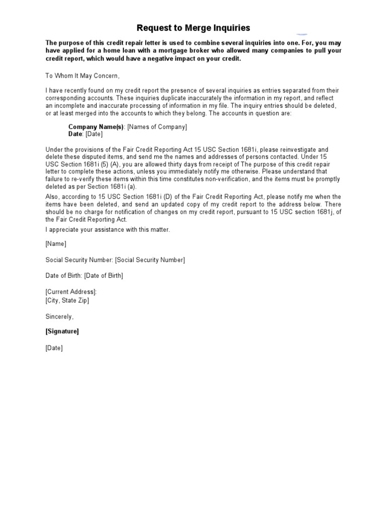 Sample Letter Request to Merge Inquiries