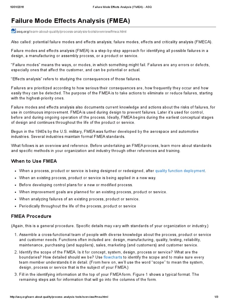 Failure Mode Effects Analysis (FMEA) - ASQ | PDF | Production And ...