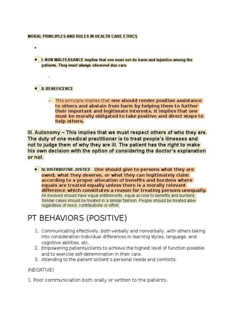 PT Behaviors (Positive) : Moral Principles and Rules in Health Care ...