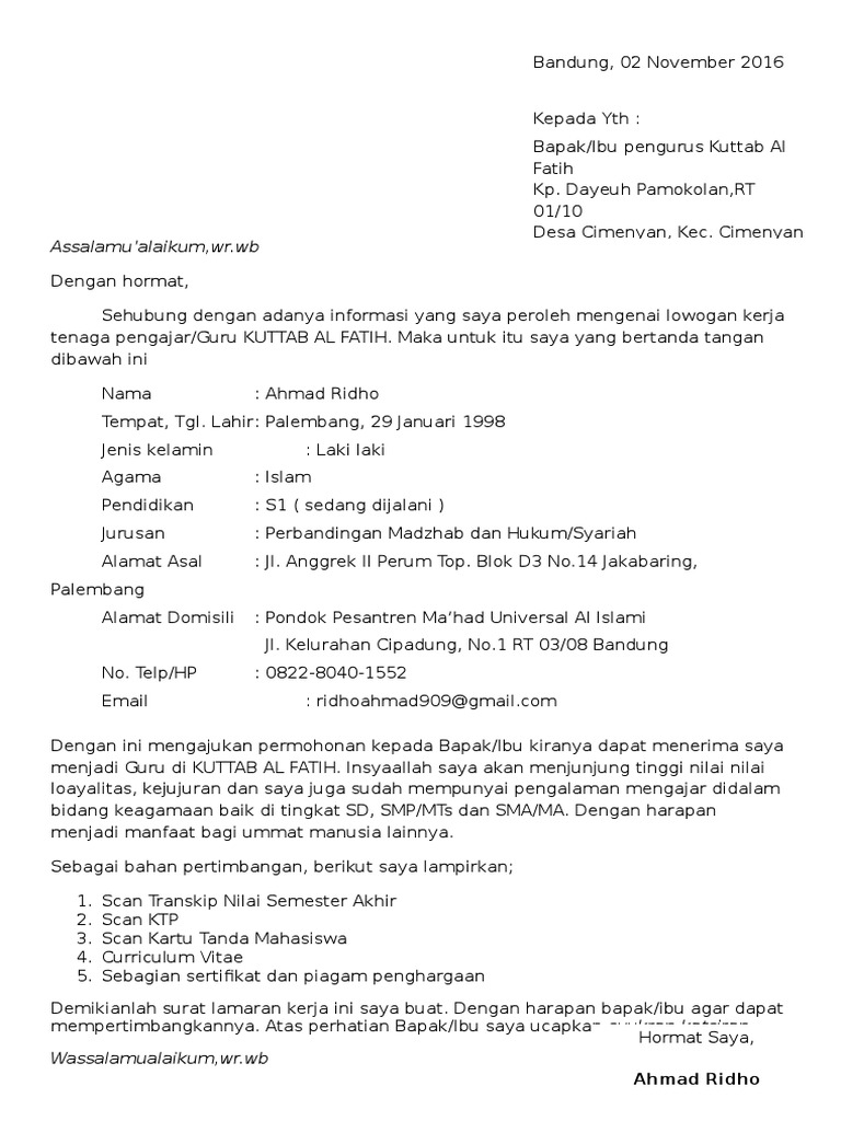 Surat Lamaran Kerja Cv Dan Lampiran Lampiran