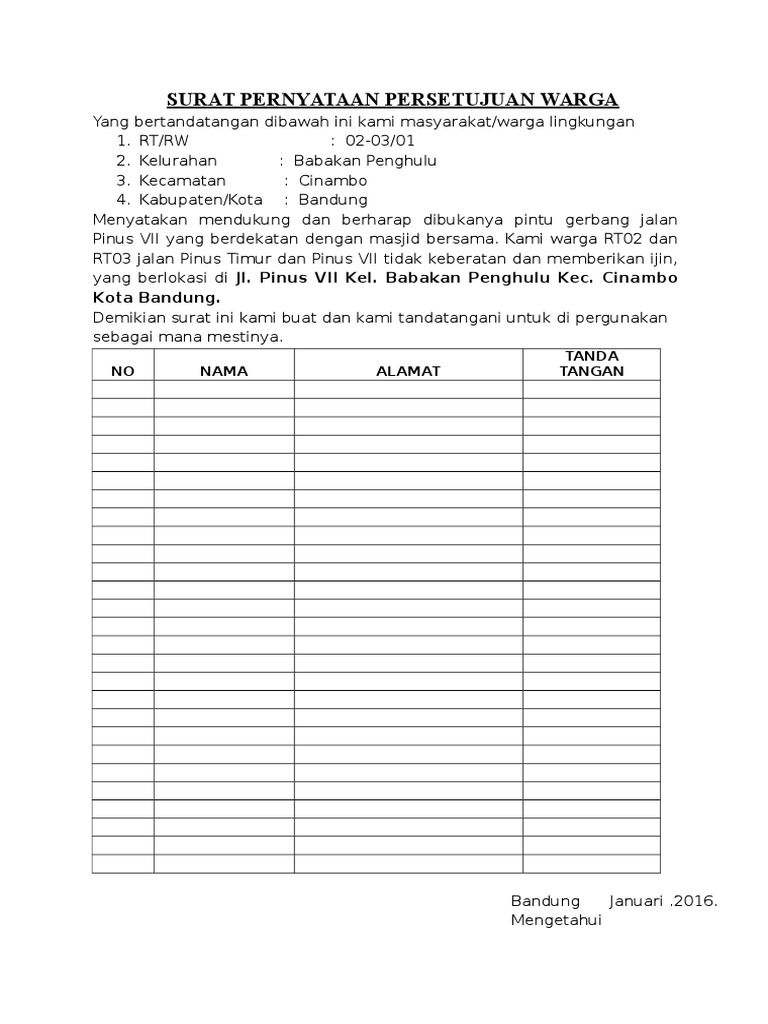 Surat Pernyataan Persetujuan Warga