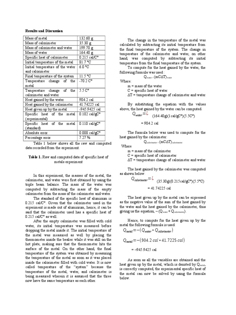 Results And Discussion Expt 4 Specific Heat Pdf Observational Error Heat Capacity