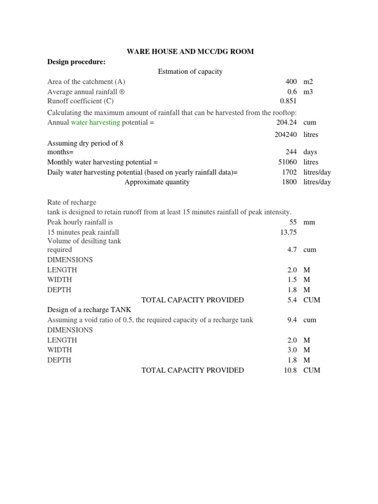 Design Calculations RAIN WATER HARVESTING | PDF | Rain | Surface Runoff