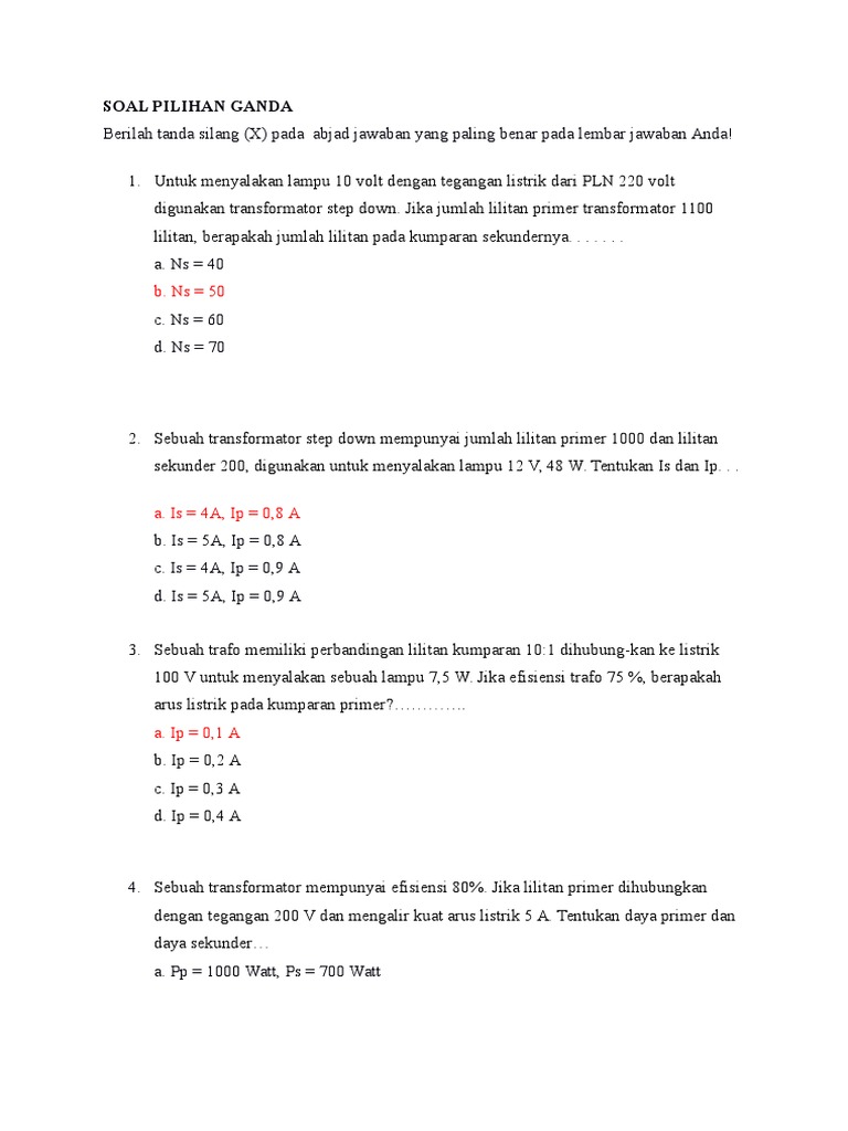 Contoh Soal Pilihan Ganda Tentang Transformator Contoh