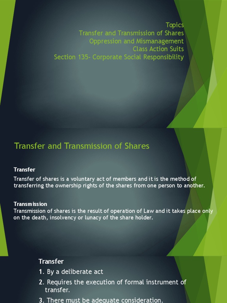 Topics Transfer and Transmission of Shares Oppression and Mismanagement ...