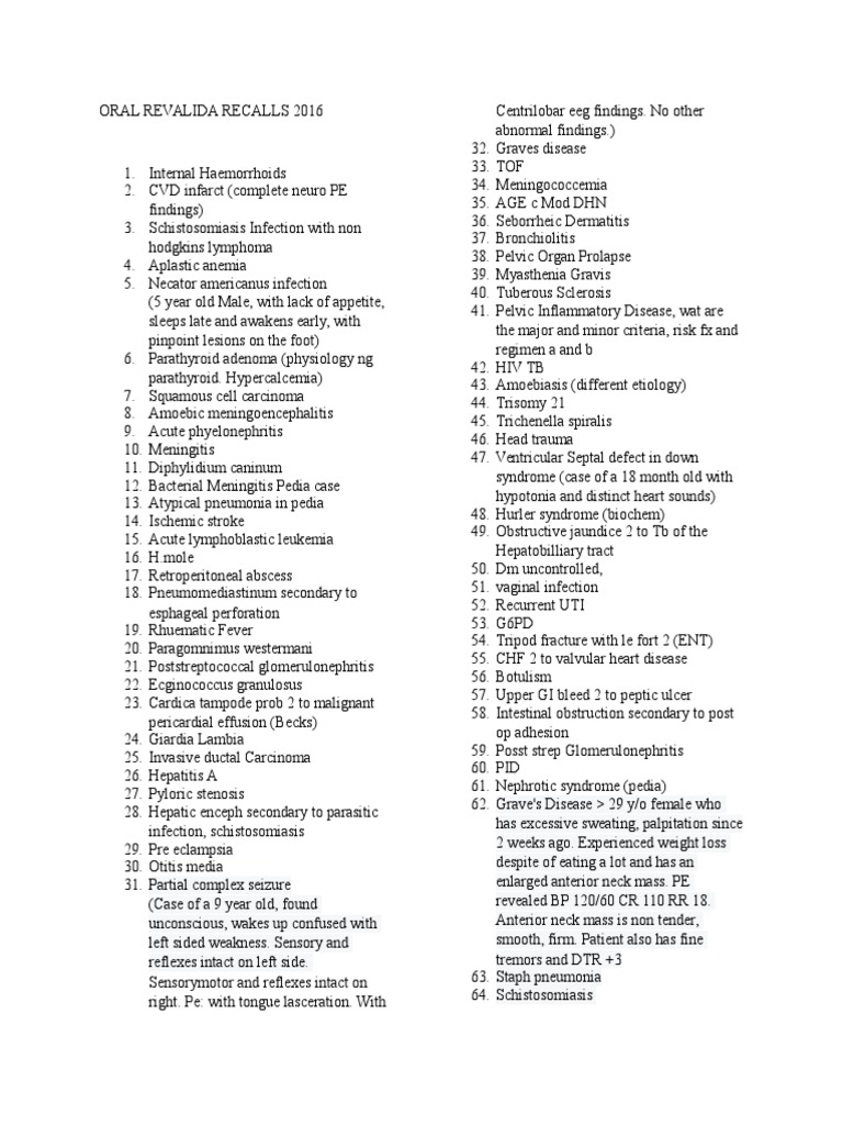 Oral Revalida Recalls 2016 | PDF | Diseases And Disorders | Medical ...