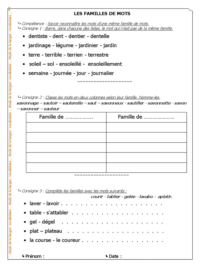 Mots De La Même Famille Exercices 03 Familles Mots PDF | PDF