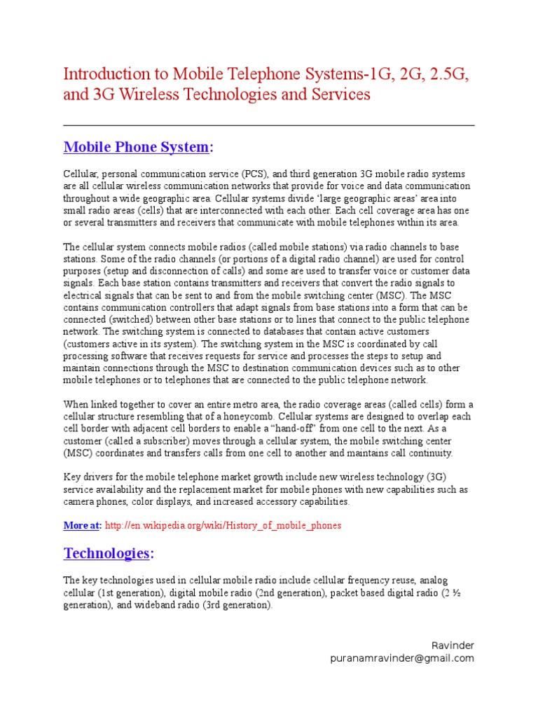 Introduction To Mobile Telephone Systems 1g 2g 2 5g And 3g Wireless
