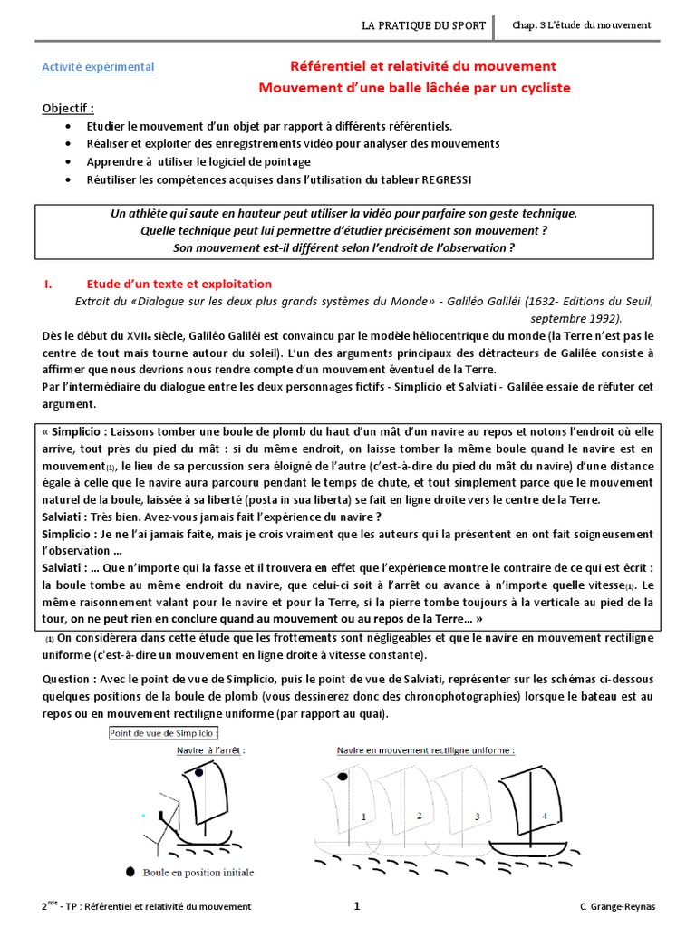 Exercice Relativité Du Mouvement Seconde Corrigé Pdf 15 TP Referentiel Et Mouvement Eleve | PDF | Galilée | Espace-temps