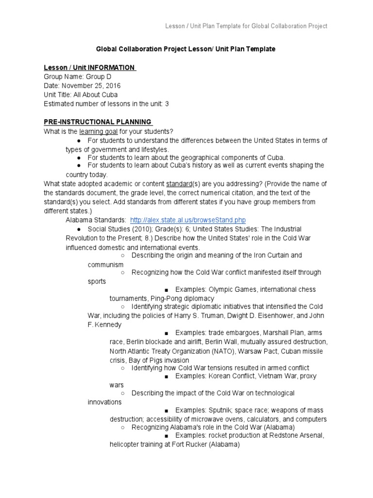 Global Collaboration Project Lesson/ Unit Plan Template Lesson / Unit ...