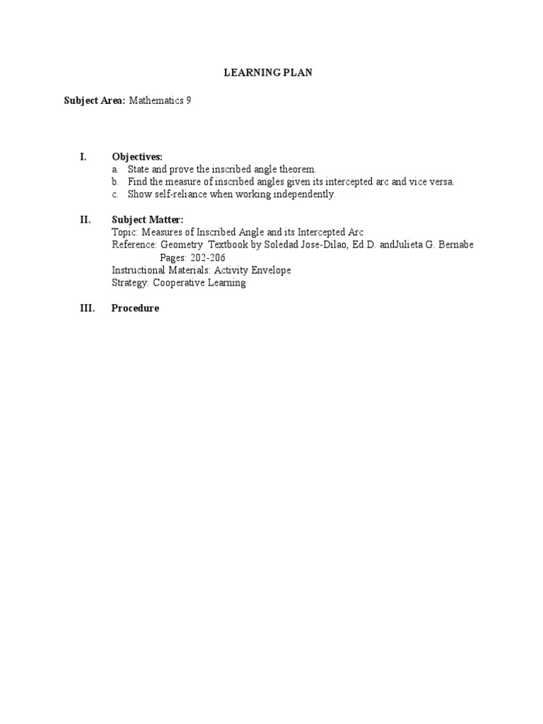 Inscribed Angles and Arcs Learning Plan | PDF