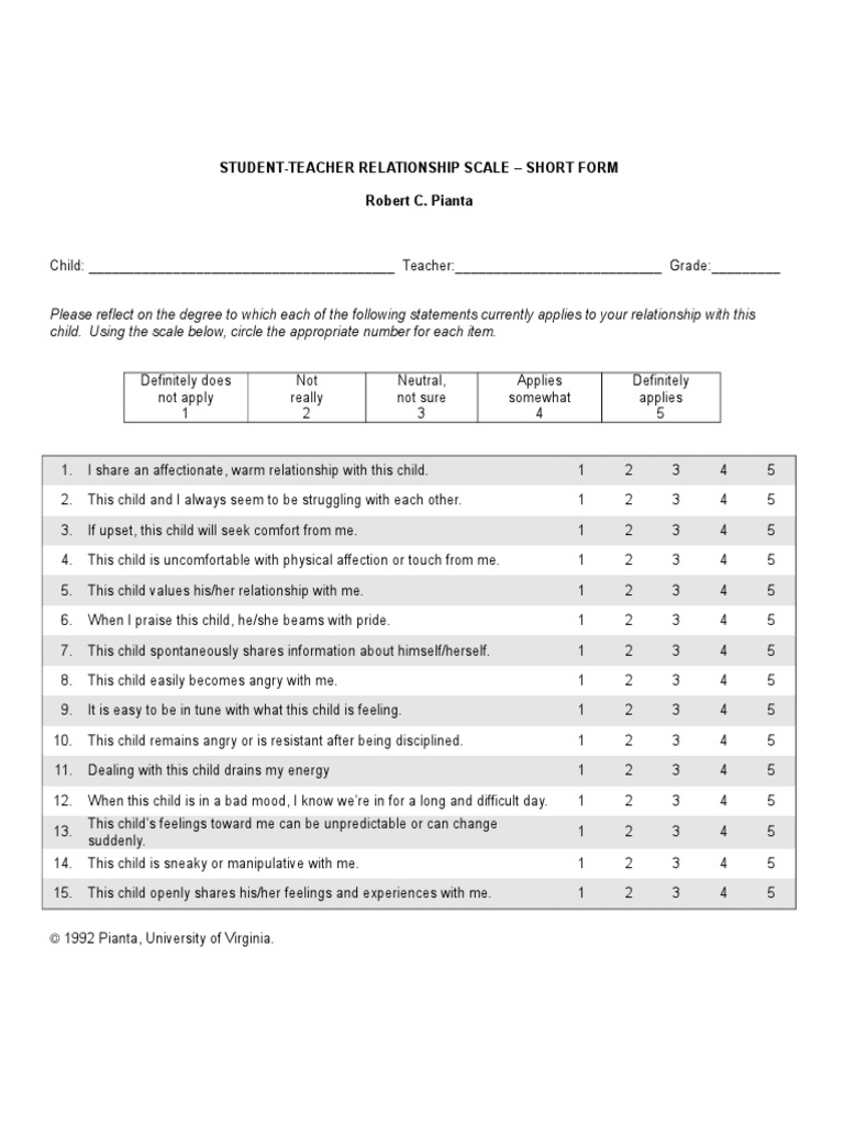 StudentTeacher Relationship Scale Short Form Robert C. Pianta PDF