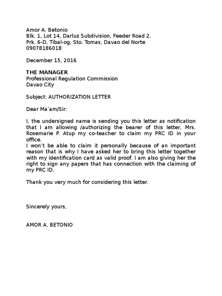 PRC Authorization Letter