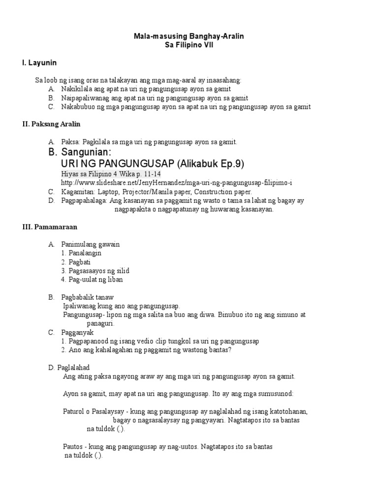 Mala Masusing Banghay Aralin