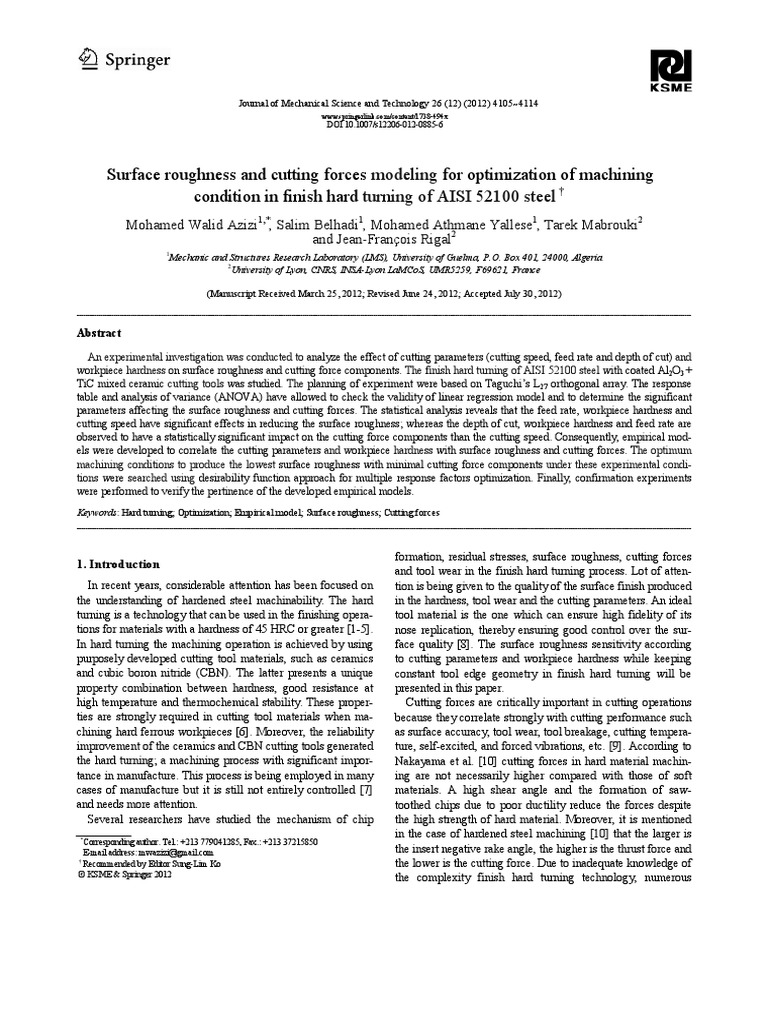 Surface Roughness and Cutting Forces For Optimization of Machining ...