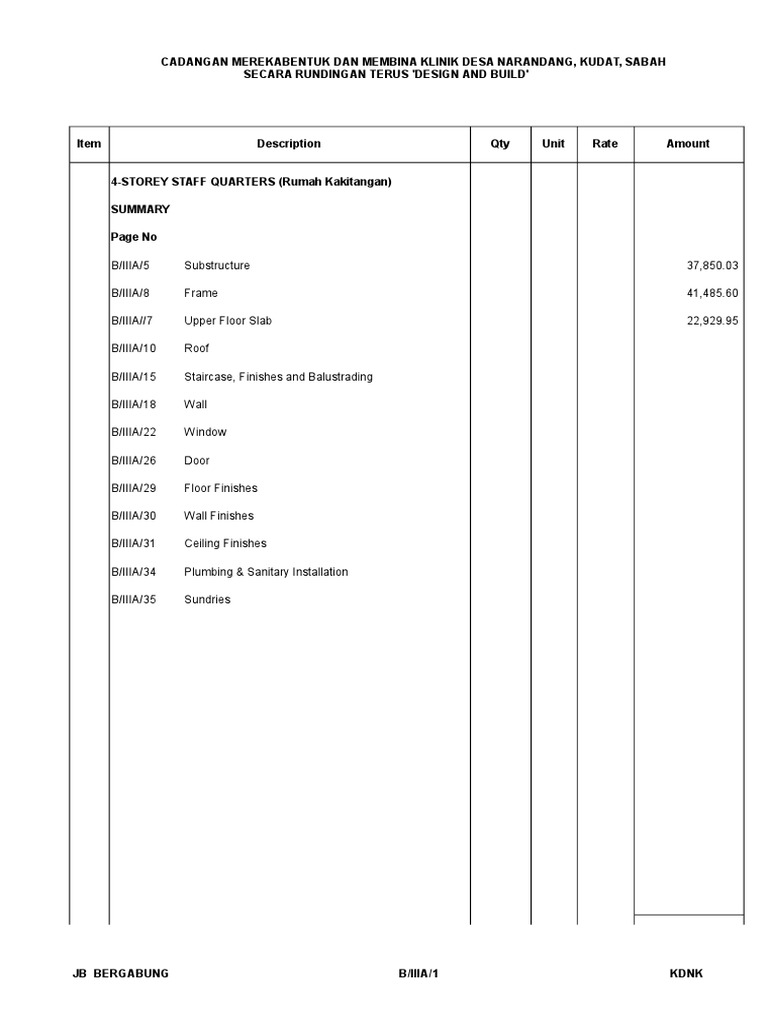 BQ for Klinik Desa Narandang Construction | PDF | Stairs | Concrete