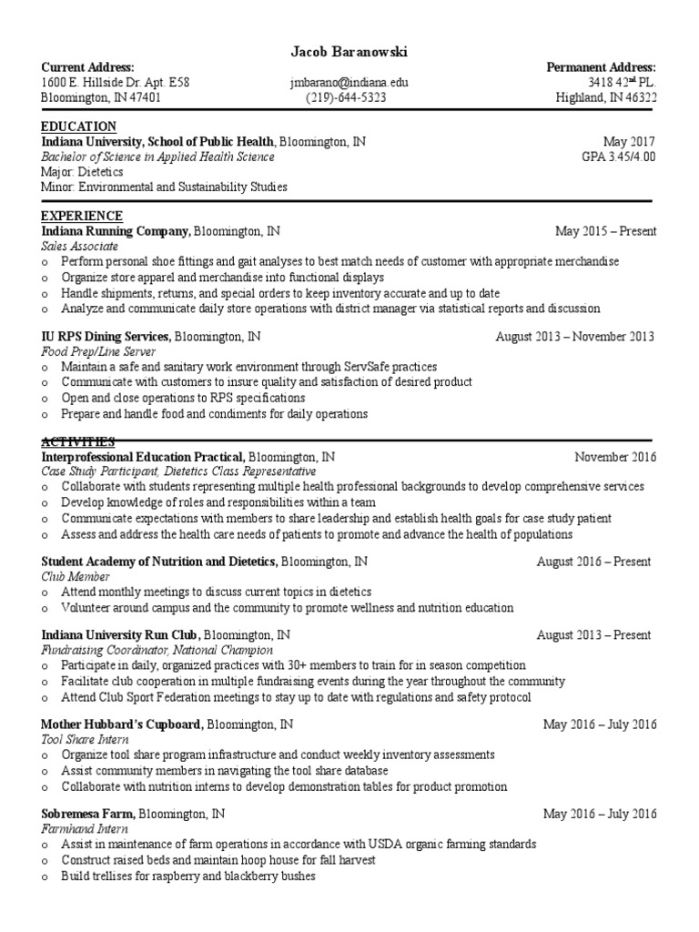 Jakes Portfolio Resume 1 | PDF | Indiana University Bloomington | Dietitian